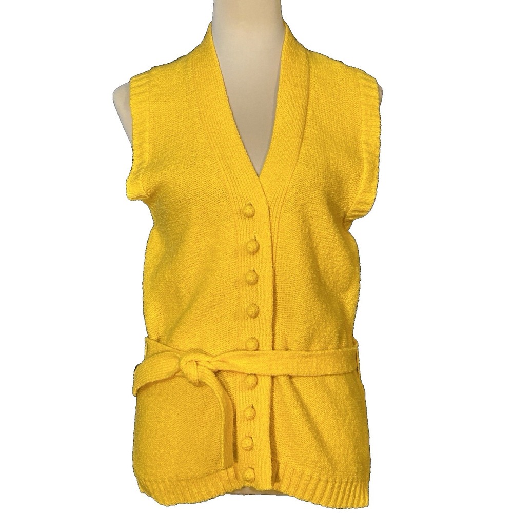 Hipster Vtg 60s 70s BRIGHT Yellow Carol Brent Acrylic Belted V Neck Button Vest